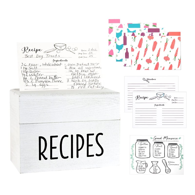 OUTSHINE White Wooden Large Recipe Box with Cards and Dividers | Farmhouse Wood Recipe Box 4x6 Recipe Cards and Box Set | Recipe Box Dividers|White recipe box personalized| Recipe box set - Image 1